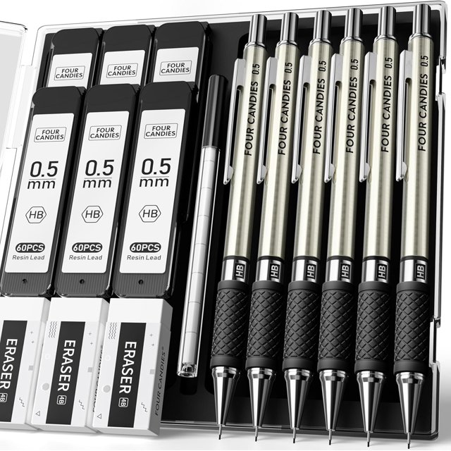 czcpp-Metal Mechanical Pencil Set - 6PCS 0.5mm Art Mechanical Pencils & 360PCS HB Lead Refills & 3PCS Erasers & 9PCS Eraser Refills, Drawing Mechanical Pencils for Writing, Sketching-With Case
