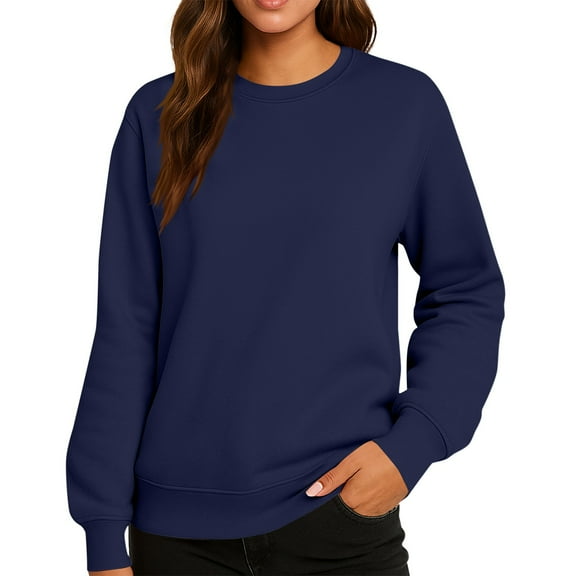 Women'S Fleece-Lined Hoodie, Long Sleeve Crewneck Sweatshirt With Front Pocket, Solid Color Casual Winter Pullover For Streetwear & Daily Young Adult Clothes Hoodies (XXL, Navy) ZMTing