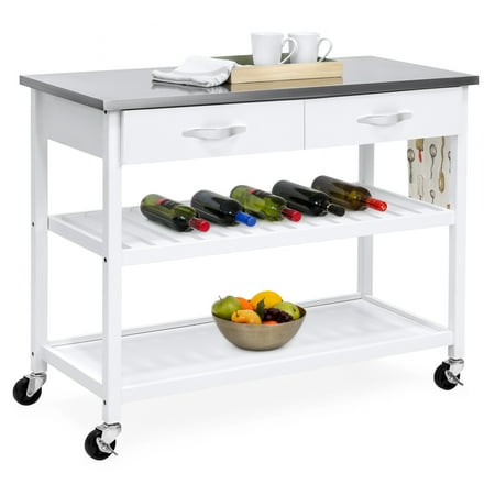 Kitchen Island Shelves - Best Choice Products Mobile Kitchen Island Utility Cart w Stainless Steel Countertop, Drawers & Shelves for Storage