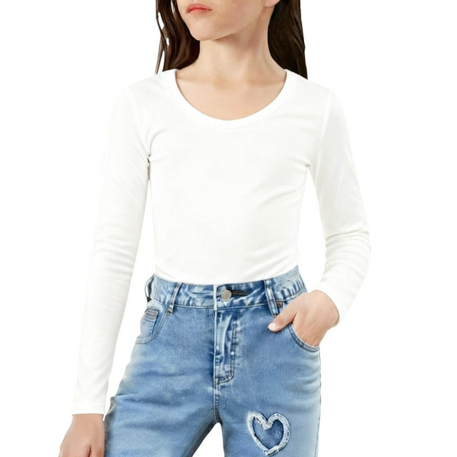 yardsong Girls' Winter Base Layer Top - Fleece Ribbed Knit Long Sleeve Slim Fit Crewneck Tee White,14-15Years