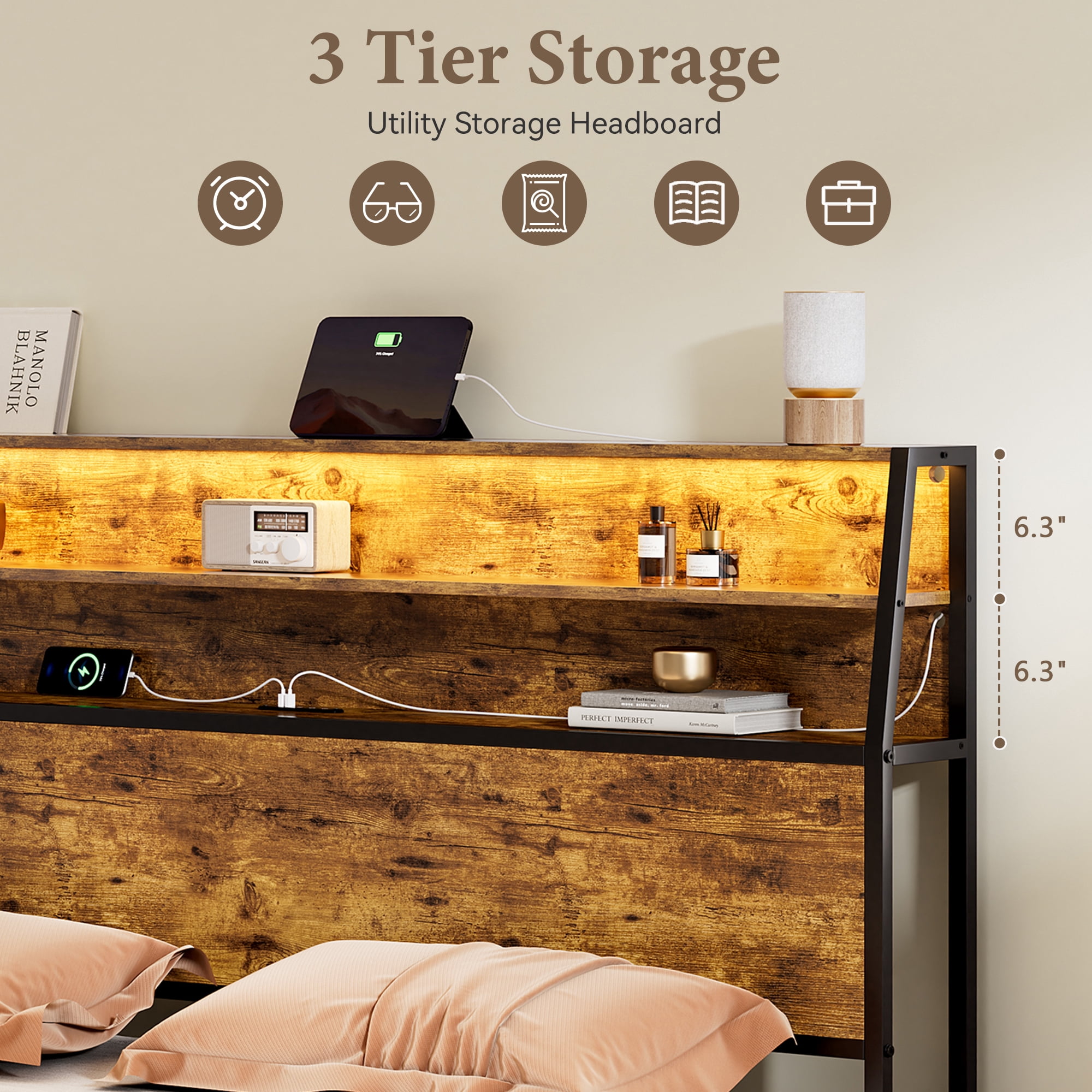 GUNAITO Full Bed Frame with Storage Headboard, 2 Drawers Platform LED Bed Frame with USB Ports & Outlets Brown