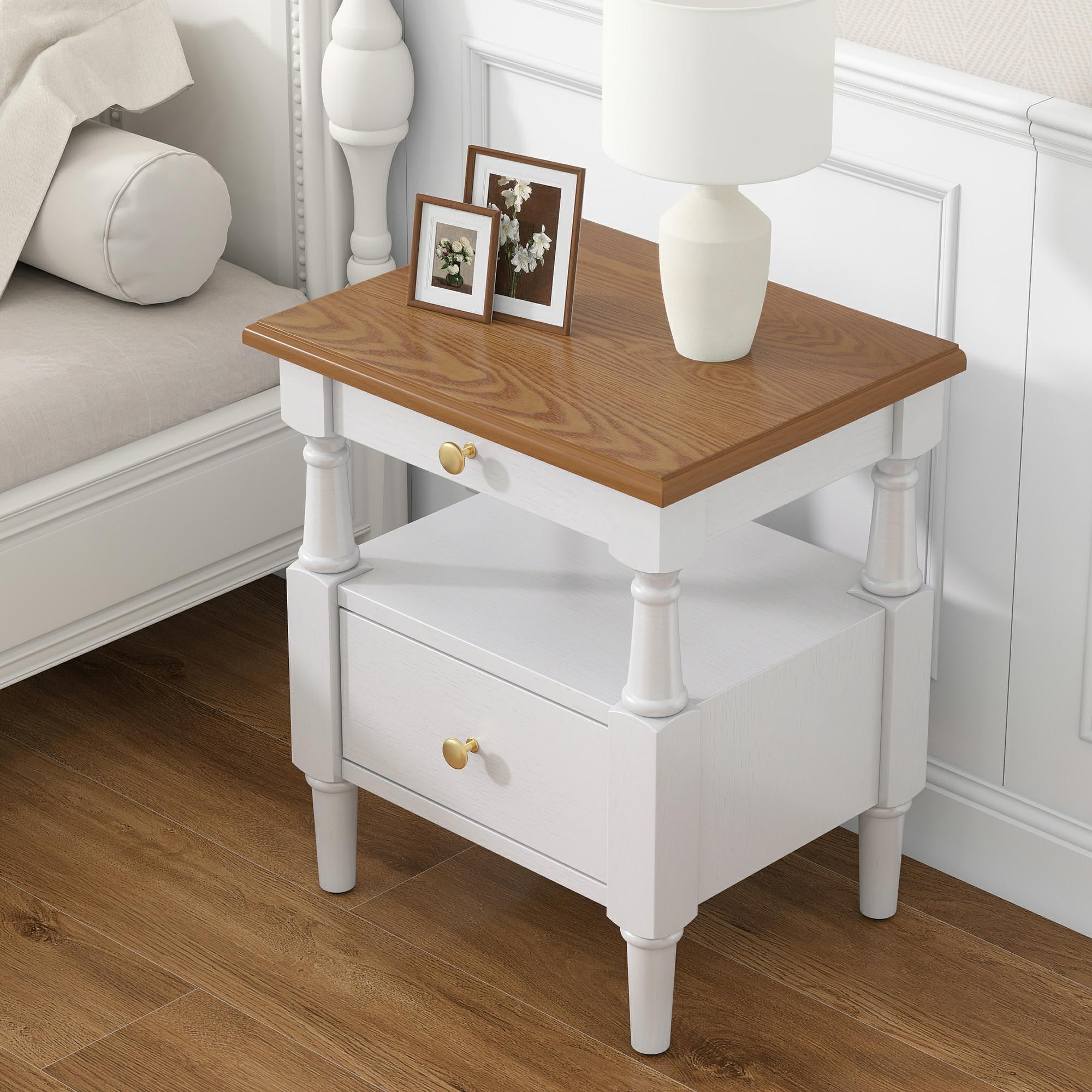 Noble House Modern Nightstand with Drawers, Wooden Bedside Table with Non-Slip Feet,White
