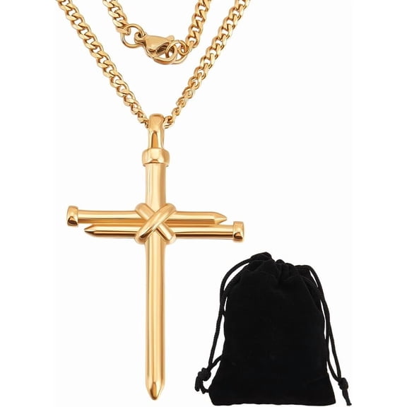 Nail Cross Necklace 304 Stainless Steel 19.7 Inch Golden Cross Pendent Curb Chain with Velvet Pouch for Men Gift