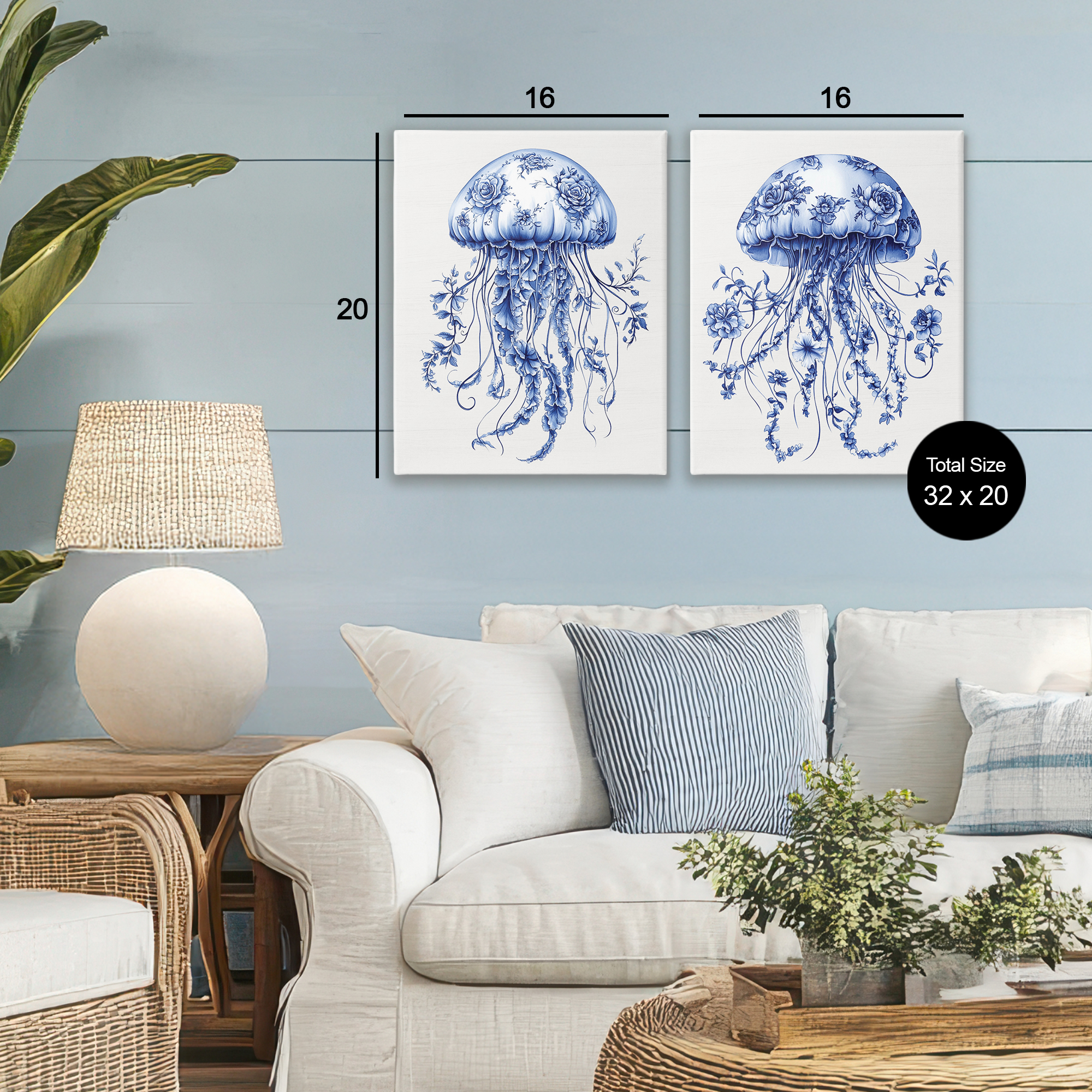 Funky Florals Toile Jellyfish 2 Piece Canvas Wall Art Set, design by Lettered and Lined