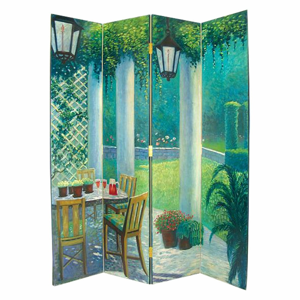 Wooden 4 Panel Room Divider with Patio Scene, Multicolor