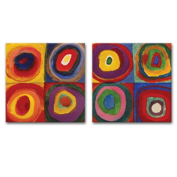 wall26 2 Panel Square Canvas Wall Art - Abstract Circles by Kandinsky - Giclee Print Gallery Wrap Modern Home Art Ready to Hang - 16"x16" x 2 Panels