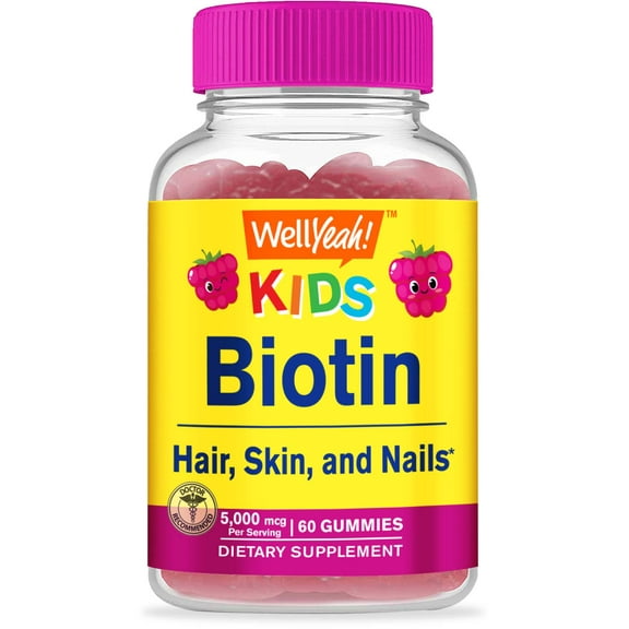 WellYeah Biotin Gummies for Kids 5000 mcg - Supports Hair Growth, Skin Health, and Nails - Natural Sourced Flavors - GMO Free, Gluten Free - Gummy for Boys and Girls - 60 Count