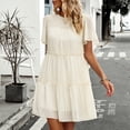 thumbnail image 5 of QUYUON Mini Dresses for Women Casual Crew Neck Short Sleeve Ruffle Tiered Summer Dress Pleated A-Line Flowy Short Dress Beach Sundress Evening Cocktail Party Knee Length Dresses Style D-142 Beige M, 5 of 5
