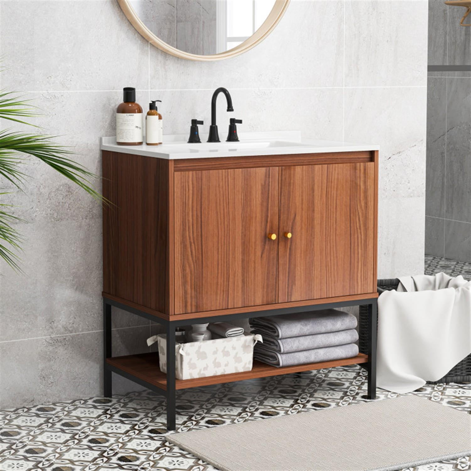 Demi Bonn 31" Bathroom Vanity Sink Combo with Doors and Open Shelf for Small Space, Walnut