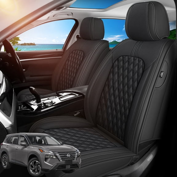 Car Seat Covers Full Set Fit for Nissan Rogue 2010-2026, Premium Faux Leather Waterproof Breathable Anti‑Slip Seat Protectors,Black