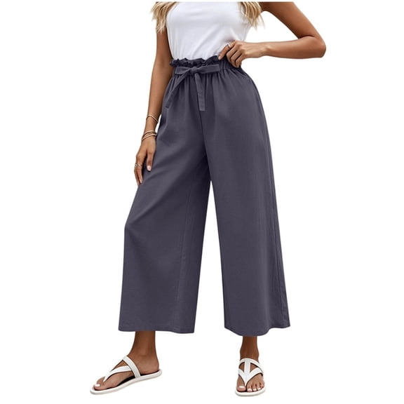 Ohufall Womens Solid Color Pants Elastic Waist Drawstring Pant Fashion Wide Leg Breathable Comfort Casual Pants