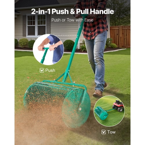 24 Inch Dual-Purpose Push & Tow Compost Spreader, 4-Height Adjustable Steel Handle, 2.66 Cu.Ft Large Capacity Mesh Roller for Lawn Fertilizer Peat Moss