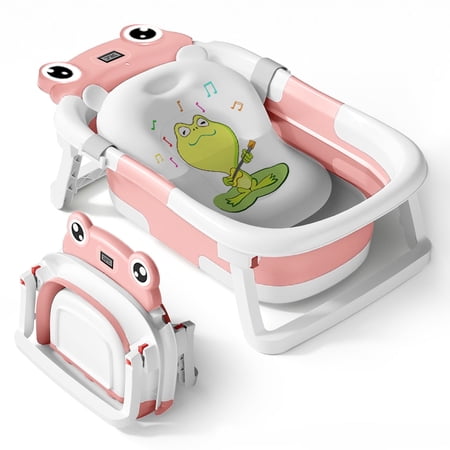 Babyomi Baby Bathtub Portable Baby Tub with Cute Bear Thermometer and Showerhead Holder Bath Tub Thermostatic Drain Plug and No-Slip Feet Design to Newborn Pink