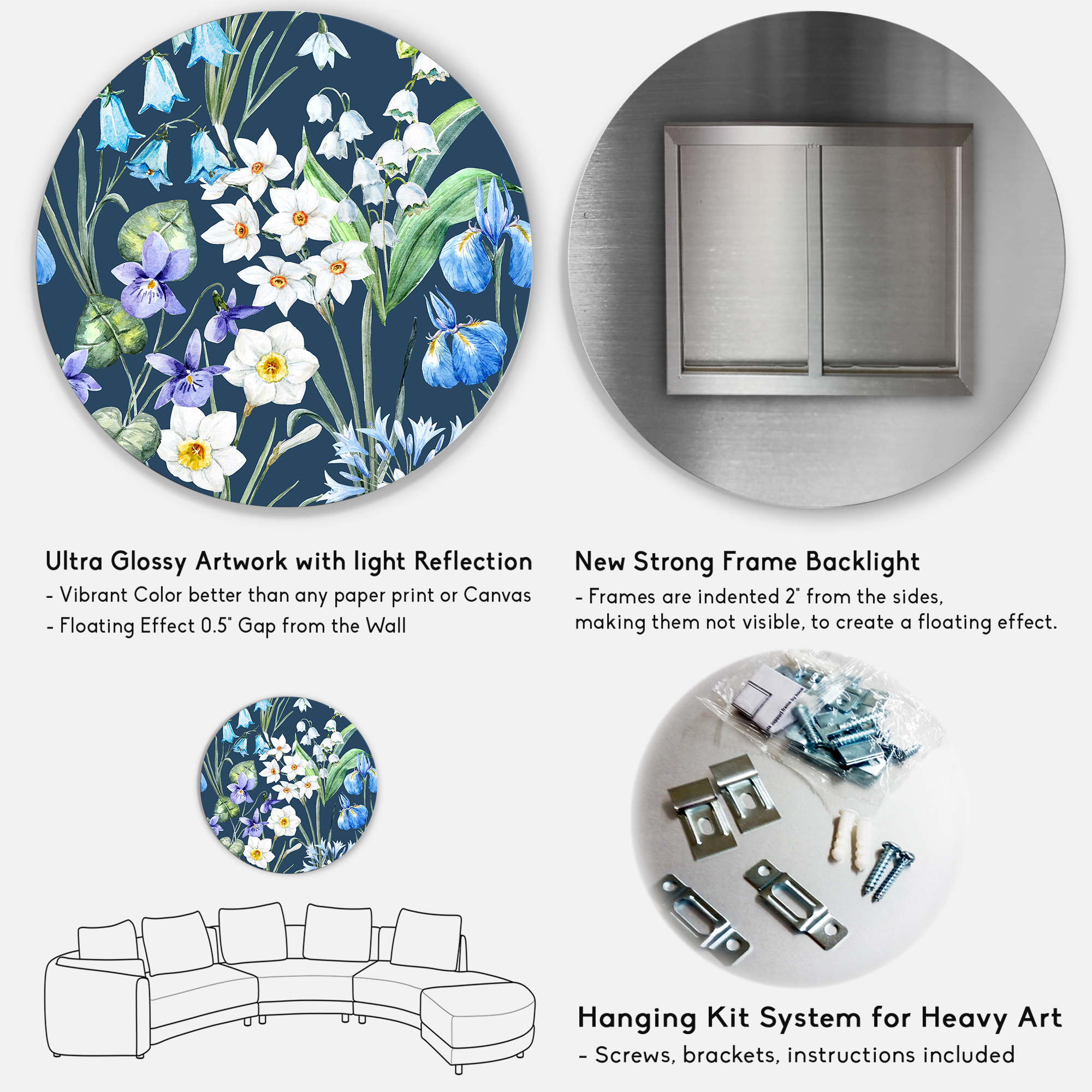 Designart 'Blue and White Spring Flowers On Dark Blue' Traditional Circle Metal Wall Art 29x29 - Disc of 29