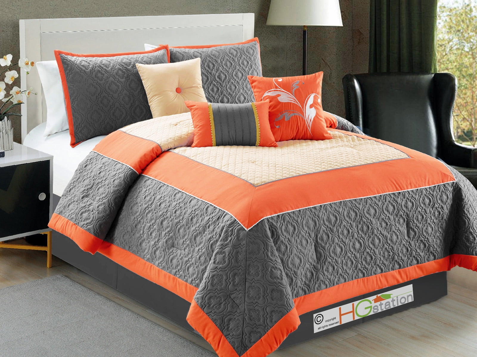 7Pc Trellis Floral Flocking Clover Embroidery Comforter Set Orange Gray Beige Gold Queen
