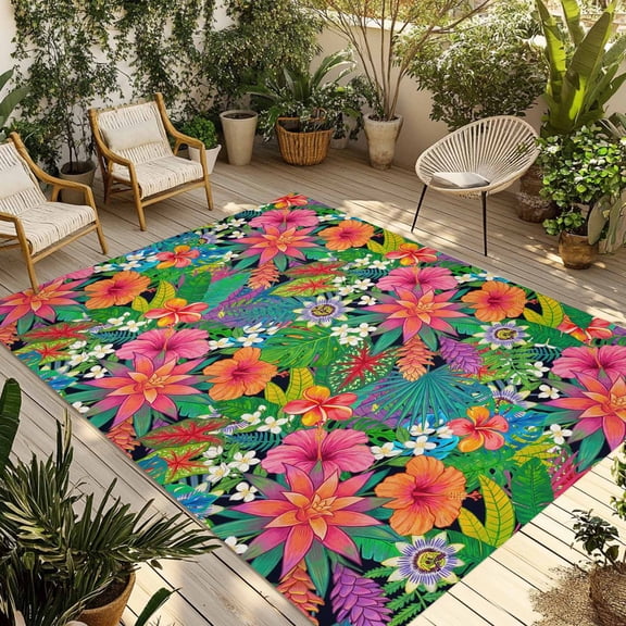Colorful Floral Outdoor Rug for Patio/Deck/Porch, Non-Slip Large Area Rug 5 x 7 Ft, Summer Botanical Flowers Watercolor Indoor Outdoor Rugs Washable Area Rugs, Reversible Camping Rug Carpet Runner