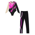 thumbnail image 3 of iEFiEL Kids Girls Gymnastics Dance Outfit Long Sleeve Metallic Contrast Leotard with Striped Pants Ice Skating Outfit Hot Pink 8, 3 of 5