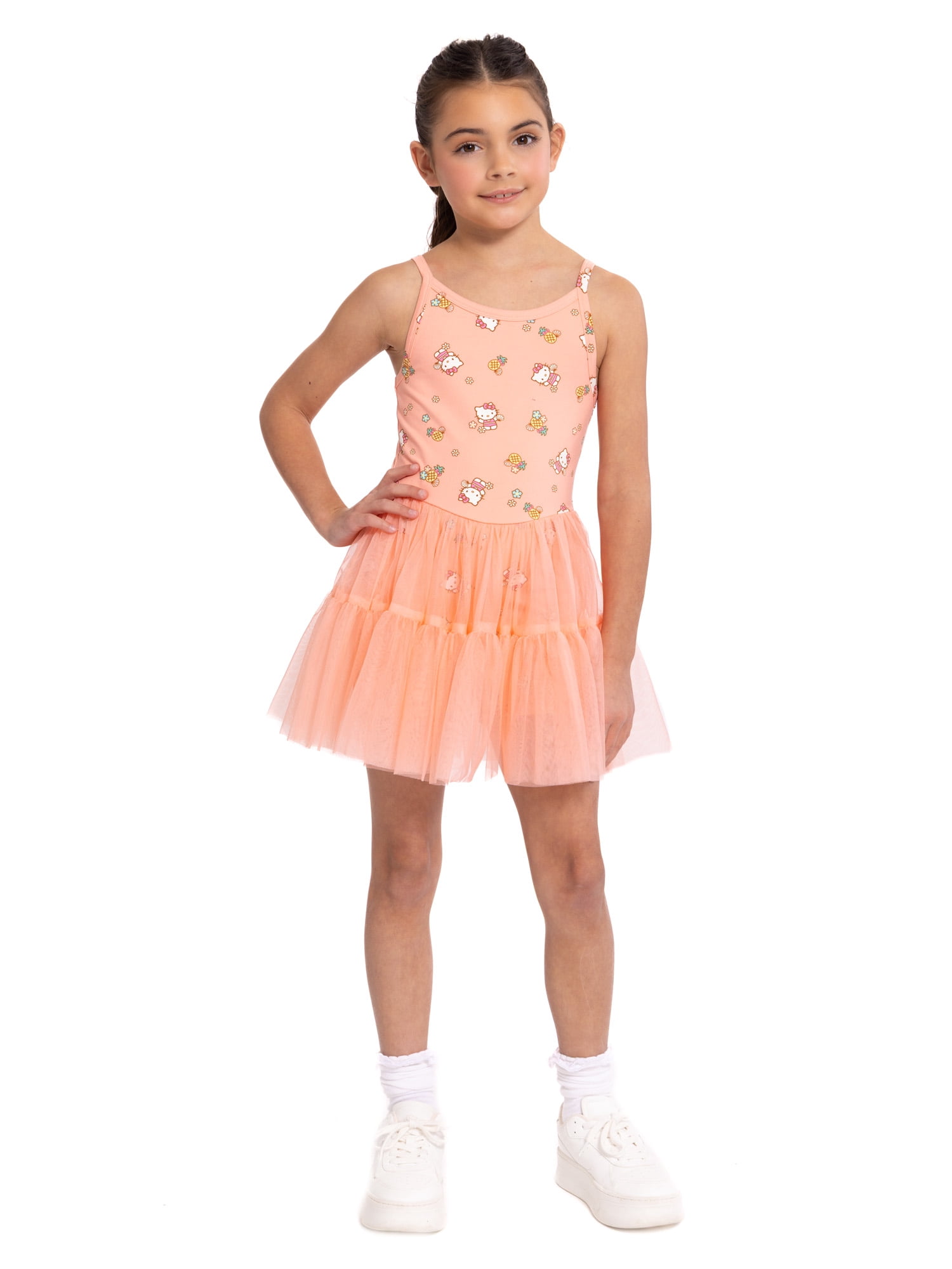 Hello Kitty Girls Sleeveless Allover Print Tulle Romper, Sizes 4-12