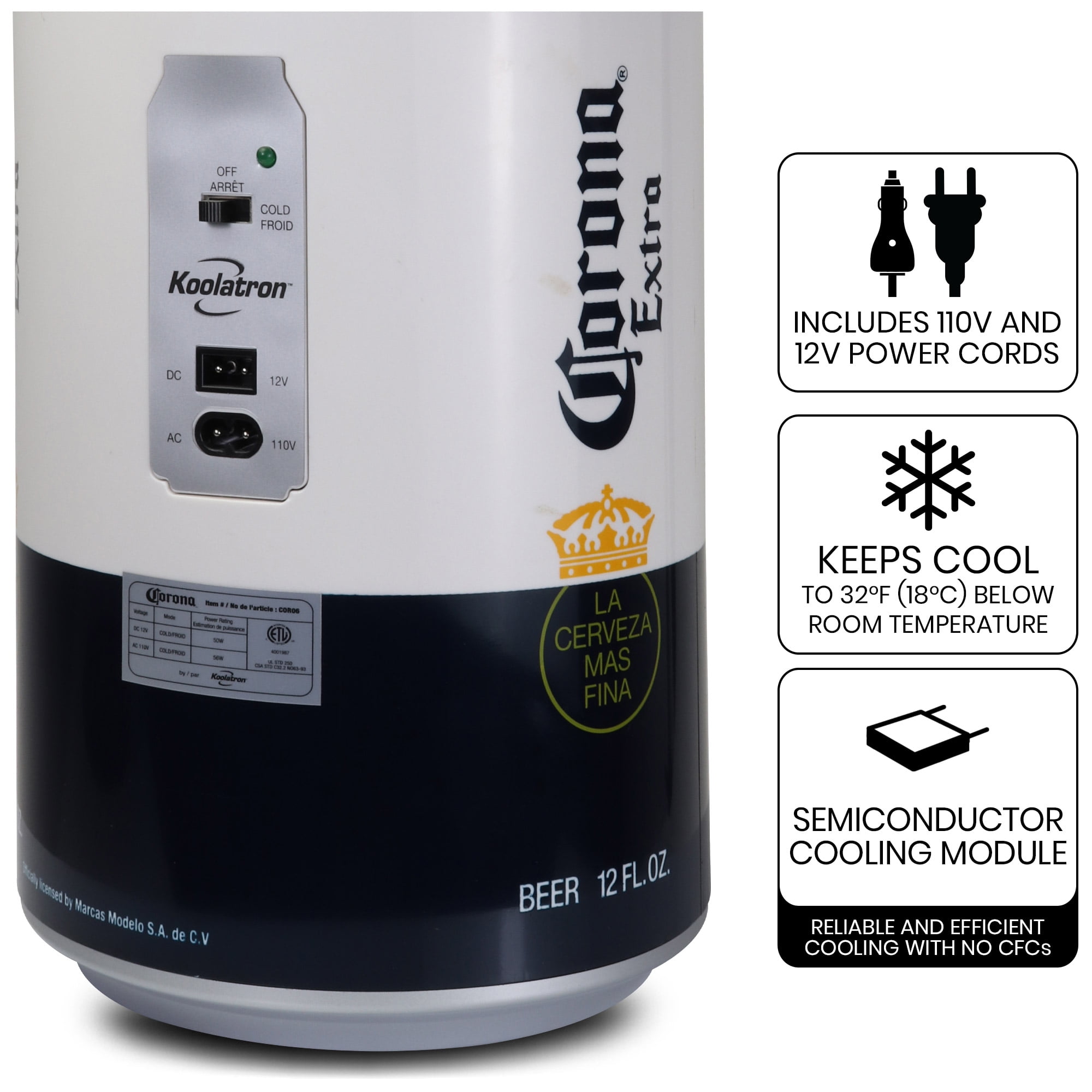 Corona 8 Can Portable Mini Fridge w/ 12V DC and 110V AC Cords, 5.4L (5.7 qt) Beer Can Shaped Personal Cooler, White, Travel Fridge for Beer, Snacks, Lunch, Drinks, Home, Office, Bar, Dorm, RV