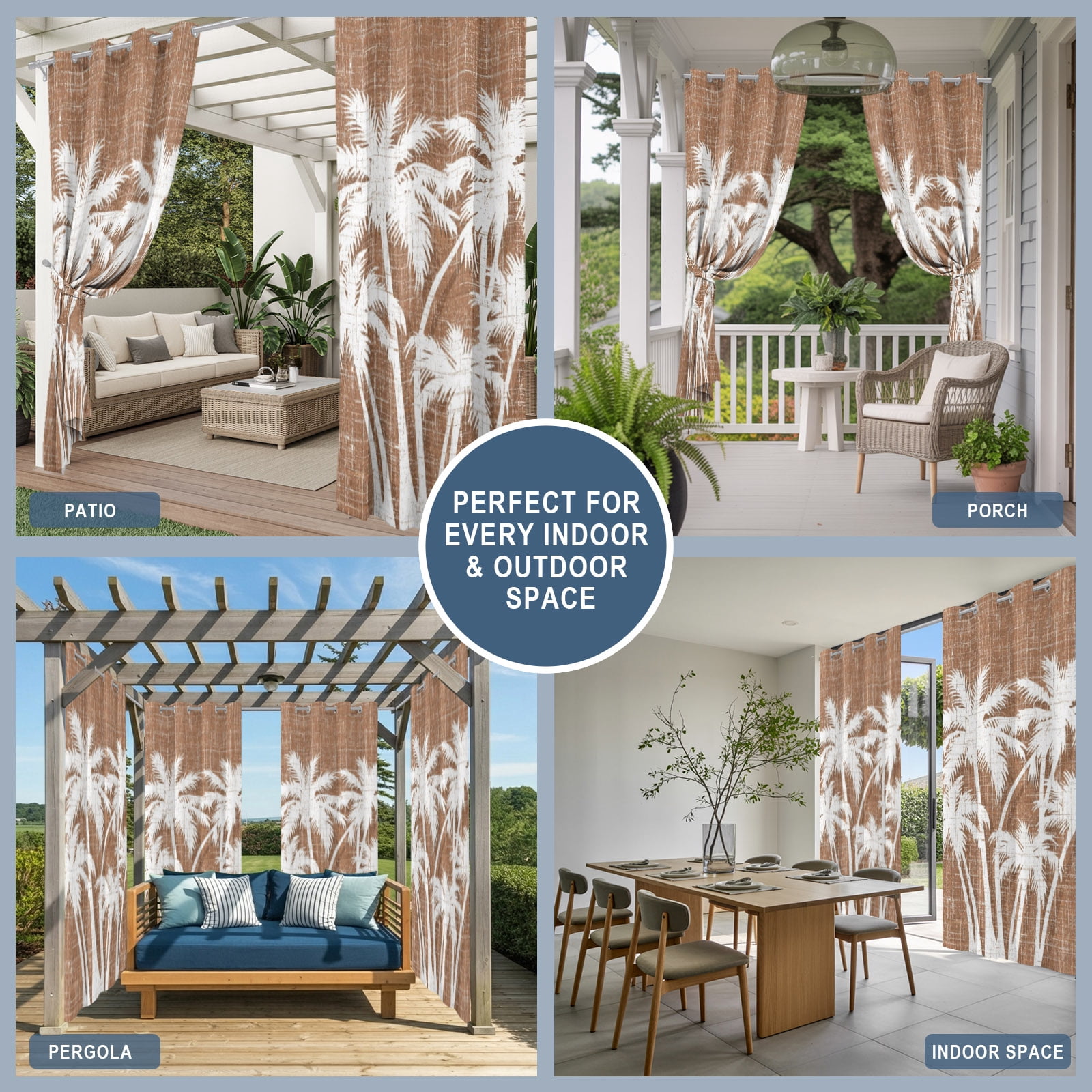 Palm Tree Outdoor Curtains for Patio, Tropical Plant Coastal Summer Brown Sunshade Privacy Drapes Grommet Waterproof Outside Curtains for Porch/Cabana/Balcony 54"x 108", 1 Panel