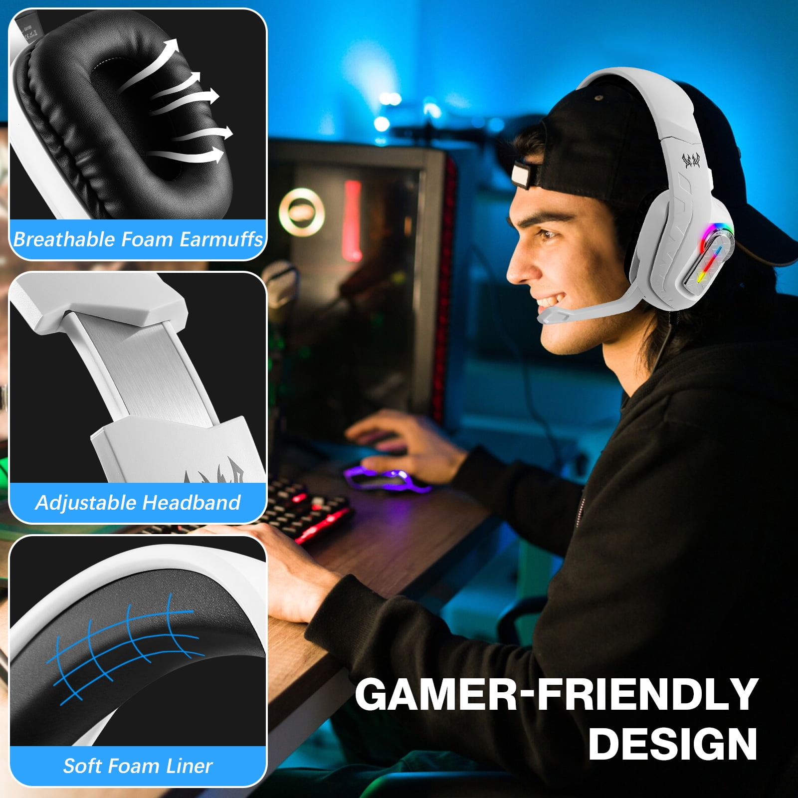 Wireless Gaming Headsets, 2.4GHz Wireless Gaming Headphone with ENC Noise Canceling Microphone, Bluetooth 5.4, Cool Lighting, 50H Battery, 40mm Drivers