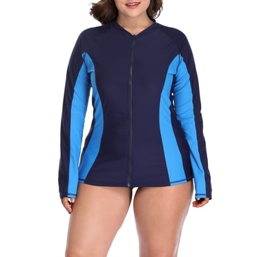 Charmo Womens Plus Size Long Sleeve Rash Guard Top Zipper Sufing Swim Shirt