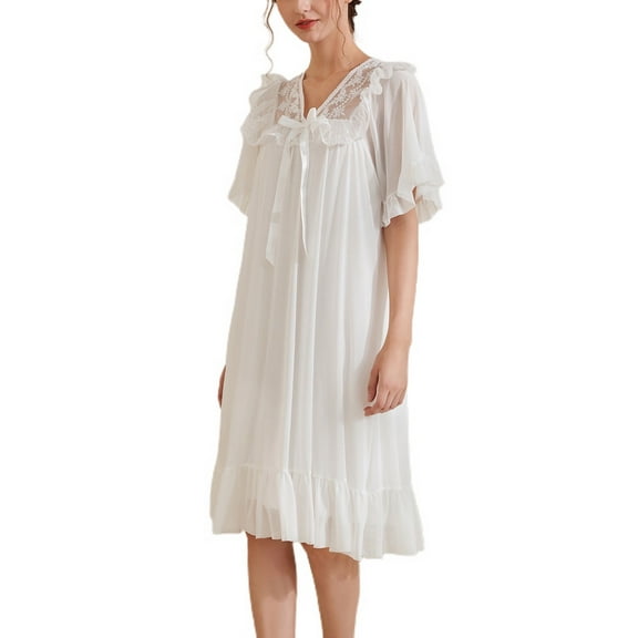 Defitshape Women's Long Sleeve Victorian Nightgown Vintage Sleep Dress Soft Princess V Neck Nighty Nightdress Summer White Large