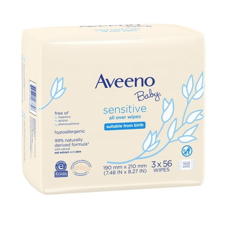 Aveeno Baby Sensitive All Over Wipes with Aloe & Natural Oat Extract for Face, Bottom & Hands, pH-Balanced, Hypoallergenic, Fragrance-, Phthalate-, Alcohol- & Paraben-Free, 3 Pks of 56 ct