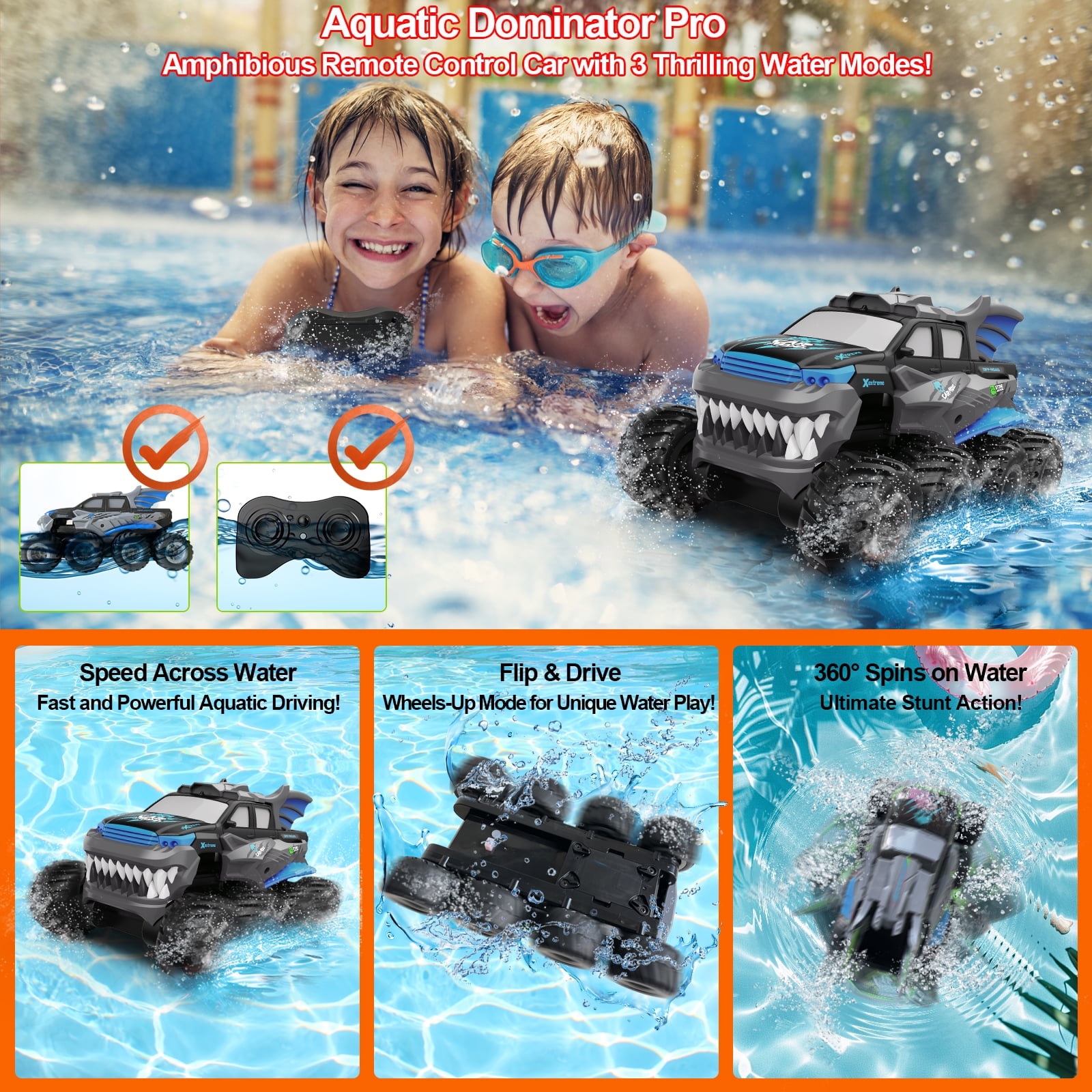Amphibious Remote Control Car with 2  Rechargeable Batteries, 8WD RC Cars for Boys Age 8-12, Offroad Waterproof RC Monster Truck, 2.4GHz All Terrain RC Drift Cars Beach Pool Toys Gifts for Kids Blue