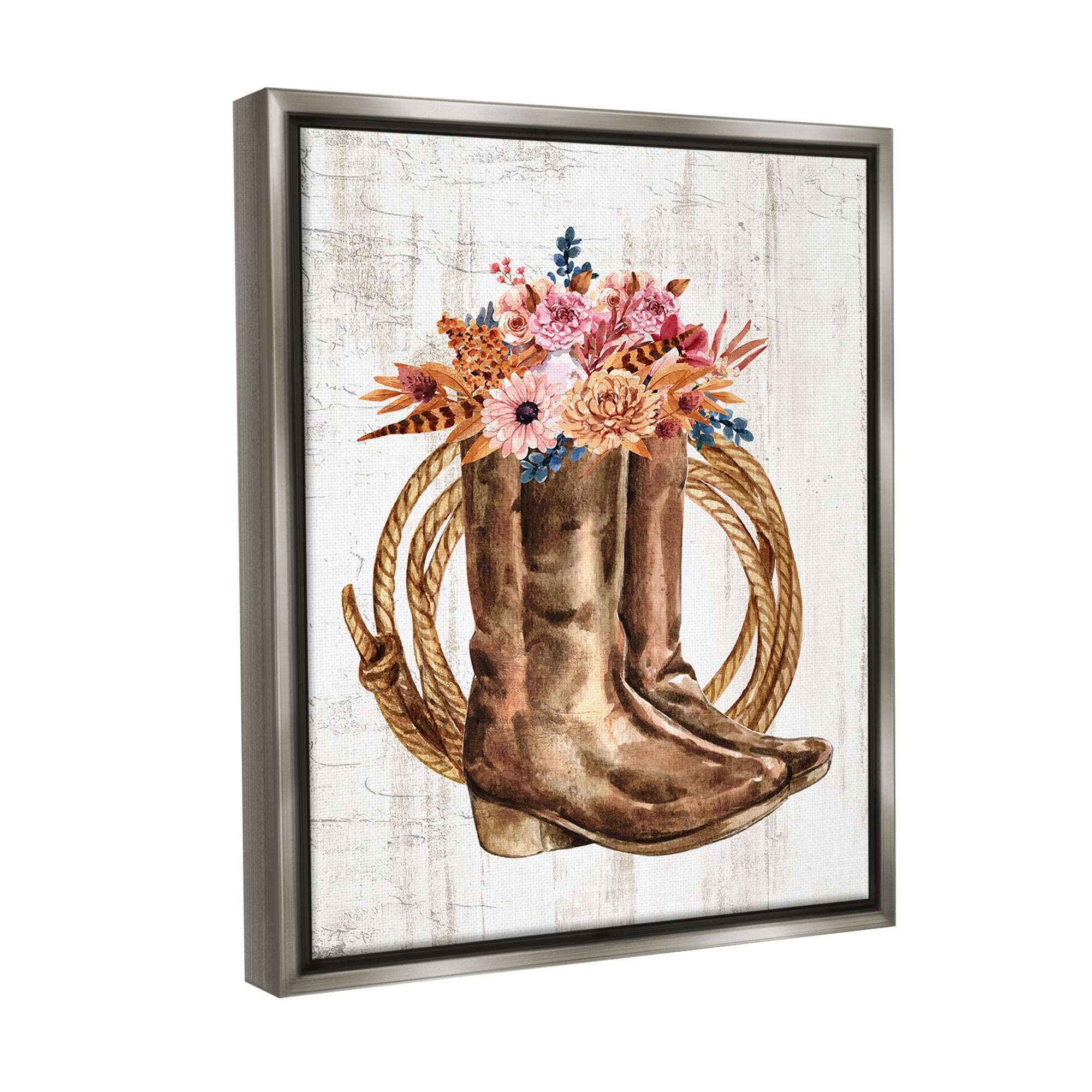 Stupell Industries Shabby Chic Floral Boots Botanical & Floral Painting Gray Floater Framed Canvas Art Print Wall Art, 17 x 21