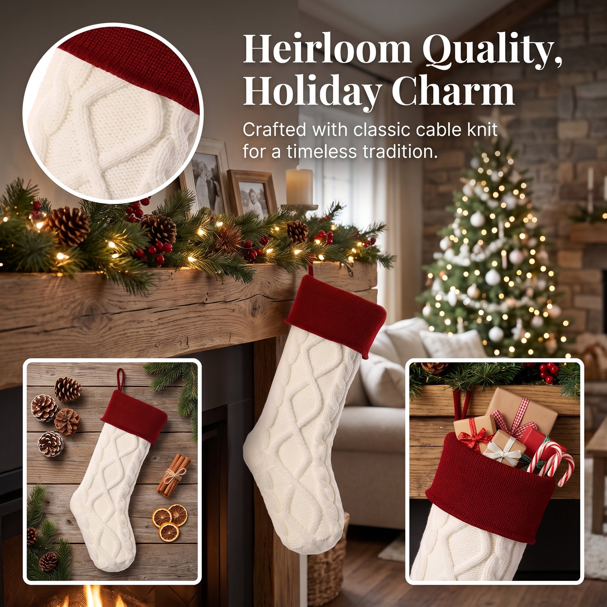 Unique Bargains Luxurious Cable-Knit Christmas Stocking White Red 18"