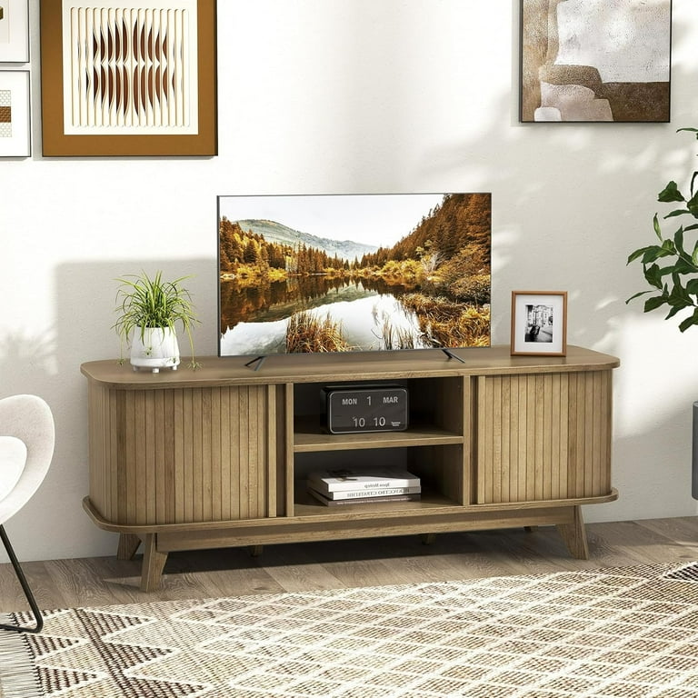 Sliding Doors TV Stand for TV up to 55 Inch Mid Century Modern TV Console Table Television Cabinet w 2 Open Shelves Sliding Doors Media Entertainment Center for Living Room Oa