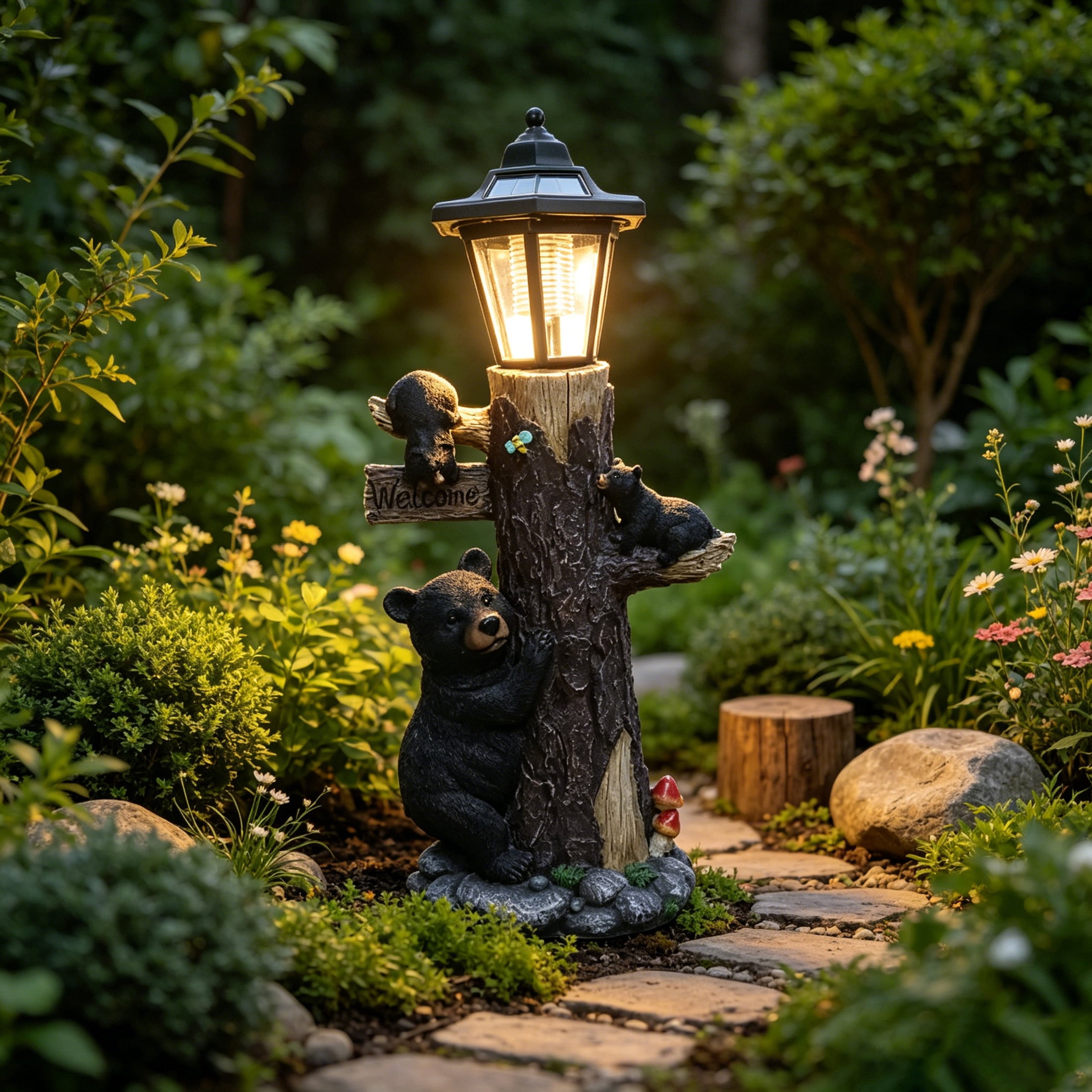 GDF Studio 18" Bear Family Tree Statue with Solar-Powered Light and Welcome Sign for Courtyard, Garden and Patio, Black