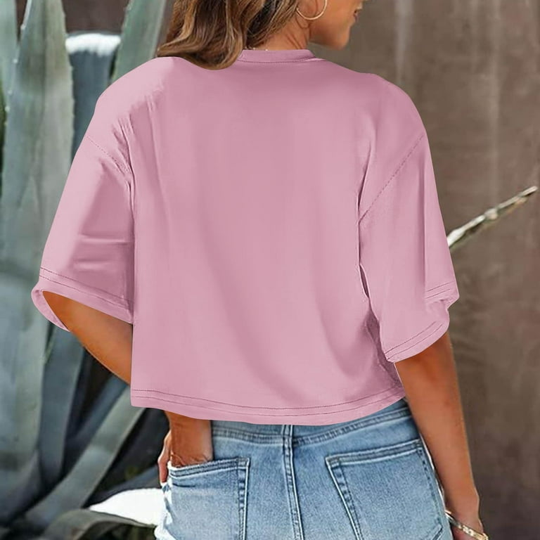 Fznquz Womens Plus Size Tops Elbow Length Casual Sexy Pink Shirt