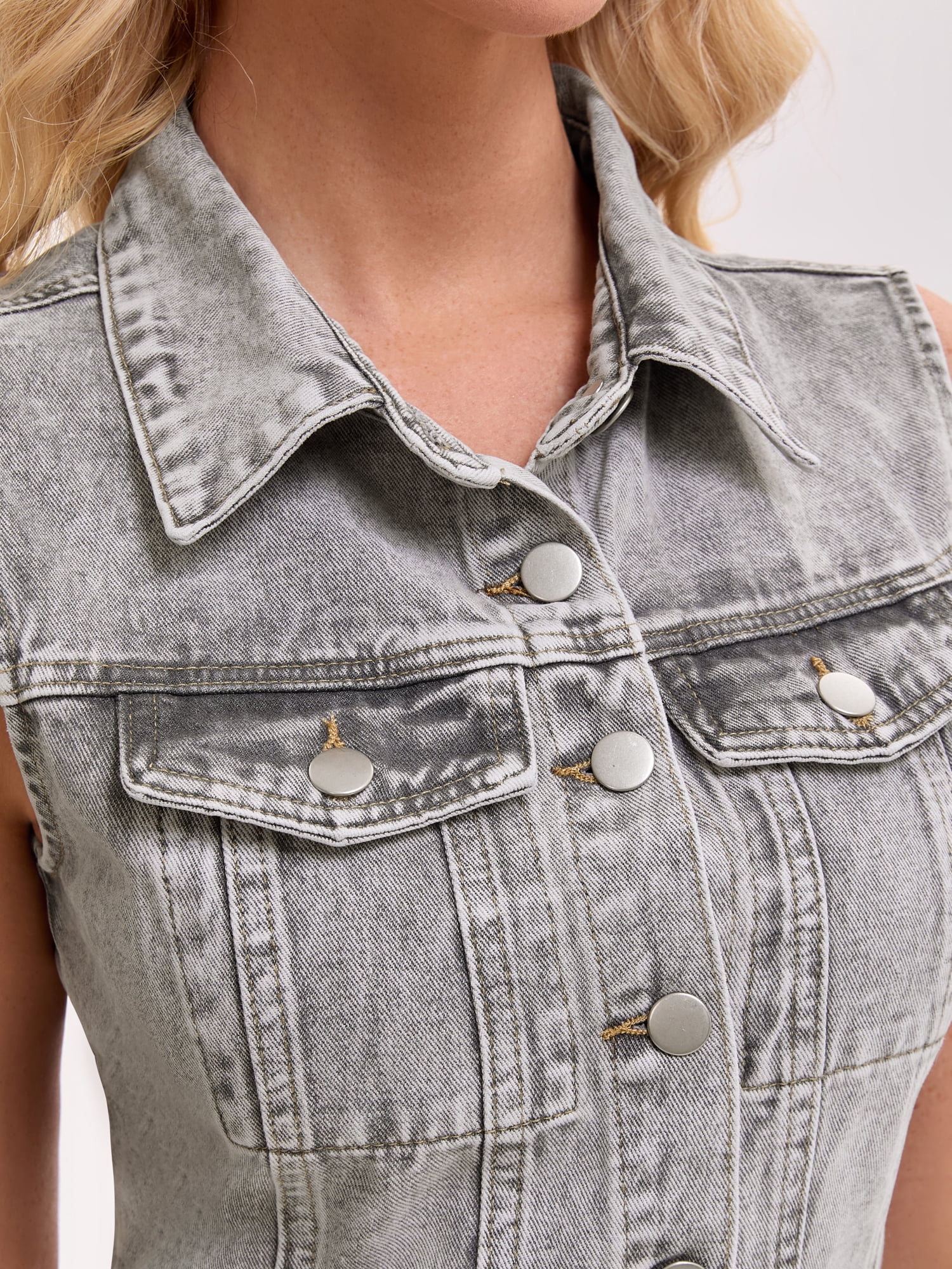 DARING DIVA Women's Sleeveless Collared Button Down Short Jean Dress S Gray