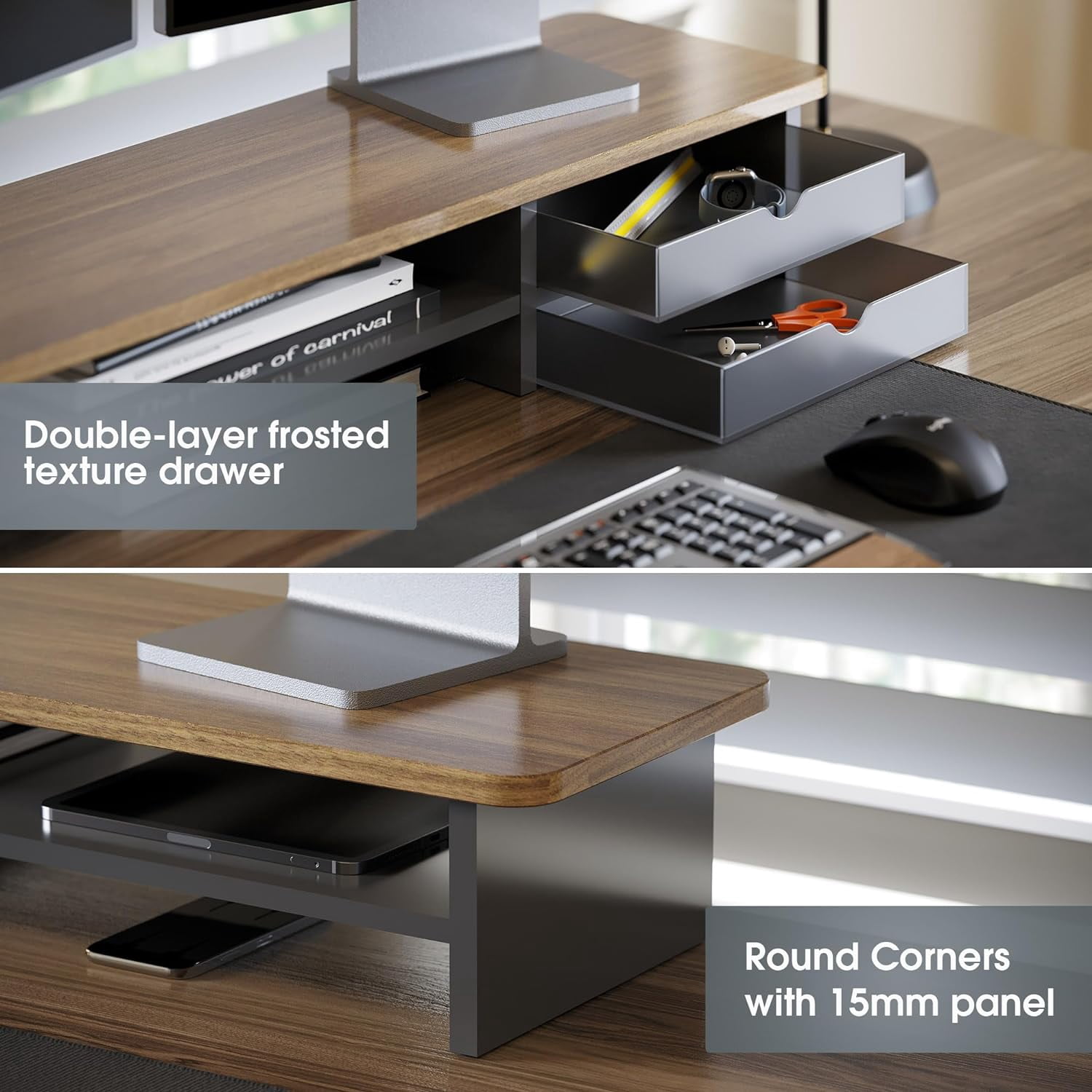 Monitor Stand, Dual Monitor Riser, 42.5inch Large Desk Computer Monitor Stand Riser with Drawer, 2 Tier Wood & Acrylic Desktop Organizer for Computer, Laptop, Printer, TV Screen Riser