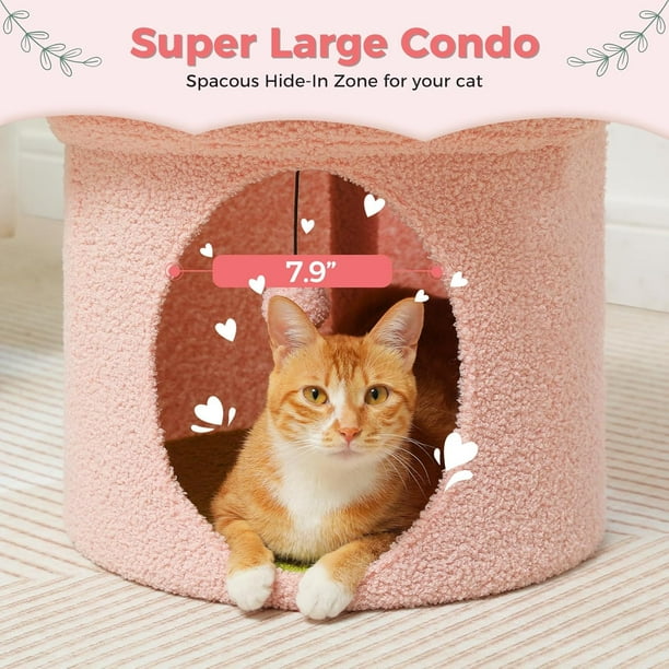 Cat Beds for Indoor Cats, Large Cat Tree House with Removable Flower Cat Bed, Cute Cat Cave Cat Hideaway, Indoor Cat House Condo, 20X20X16 Inches, Pink