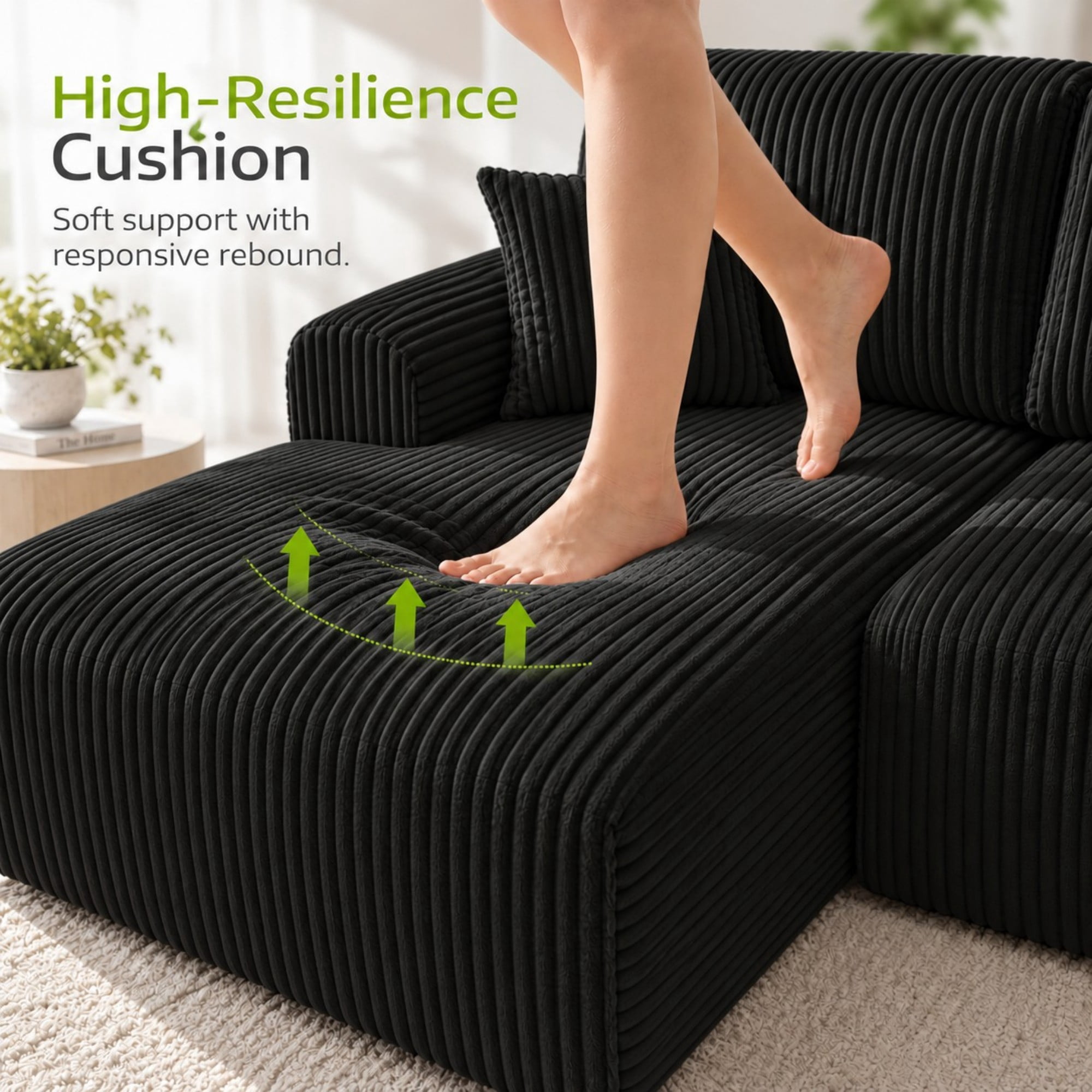 DEALTOPS 109" Corduroy L-Shape Floor Cloud Couch, Deep Seat Modular Sectional Sofa, Right Chaise, Black
