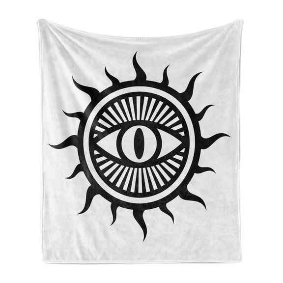 Occult Soft Flannel Fleece Throw Blanket, Third Eye in Sun Circle Pattern the Locus of Force Artwork Print Image, Cozy Plush for Indoor and Outdoor Use, 50" x 60", Black and White, by Ambesonne