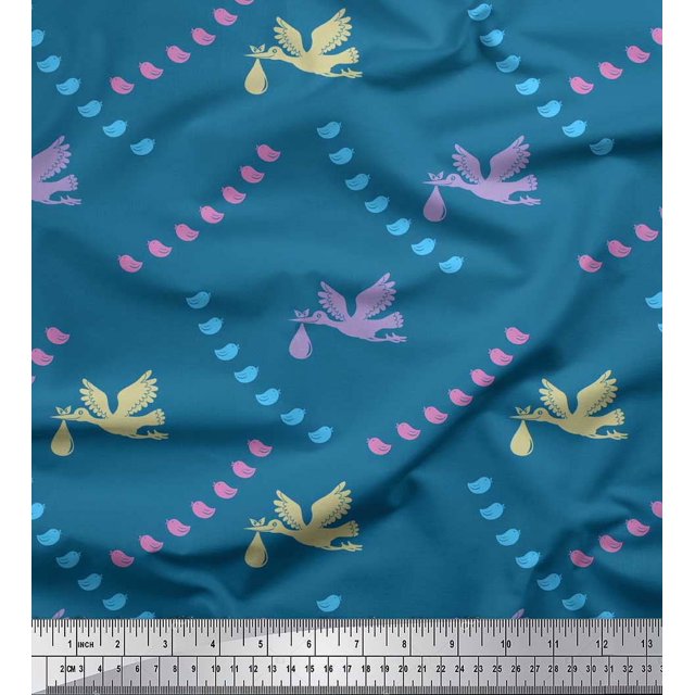 Soimoi Velvet Fabric Small Bird,Fish & Heron Bird Printed Fabric 1 Yard 58 Inch Wide
