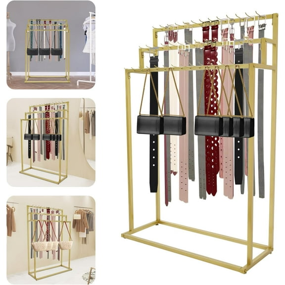 Belt Hanger, Floor Mounted Belt Organizer with 39 Hooks Tie Scarf Rack Steel Belt Display Organizer Shelves for Retail Living Room Bedroom Store Gold
