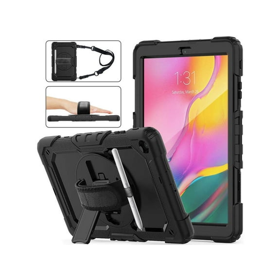 Samsung Galaxy Tab A 10.1 2019 Case T510 T515 Cover Three Layer Hybrid Drop Protection Case with 360 Rotating Stand / Hand Strap & Stylus Pencil Holder for Samsung Galaxy Tab A 10.1 inch