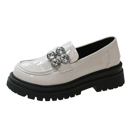 

SEMIMAY Women s Thick Soled Loafers With Diamond Round Head And Retro British Leather Black Leather Shoes