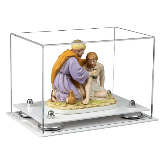 Versatile Acrylic Clear Display Case - Small Rectangle Box with Silver Risers and White Base 9.5" x 6" x 6.5" (A005-SR)
