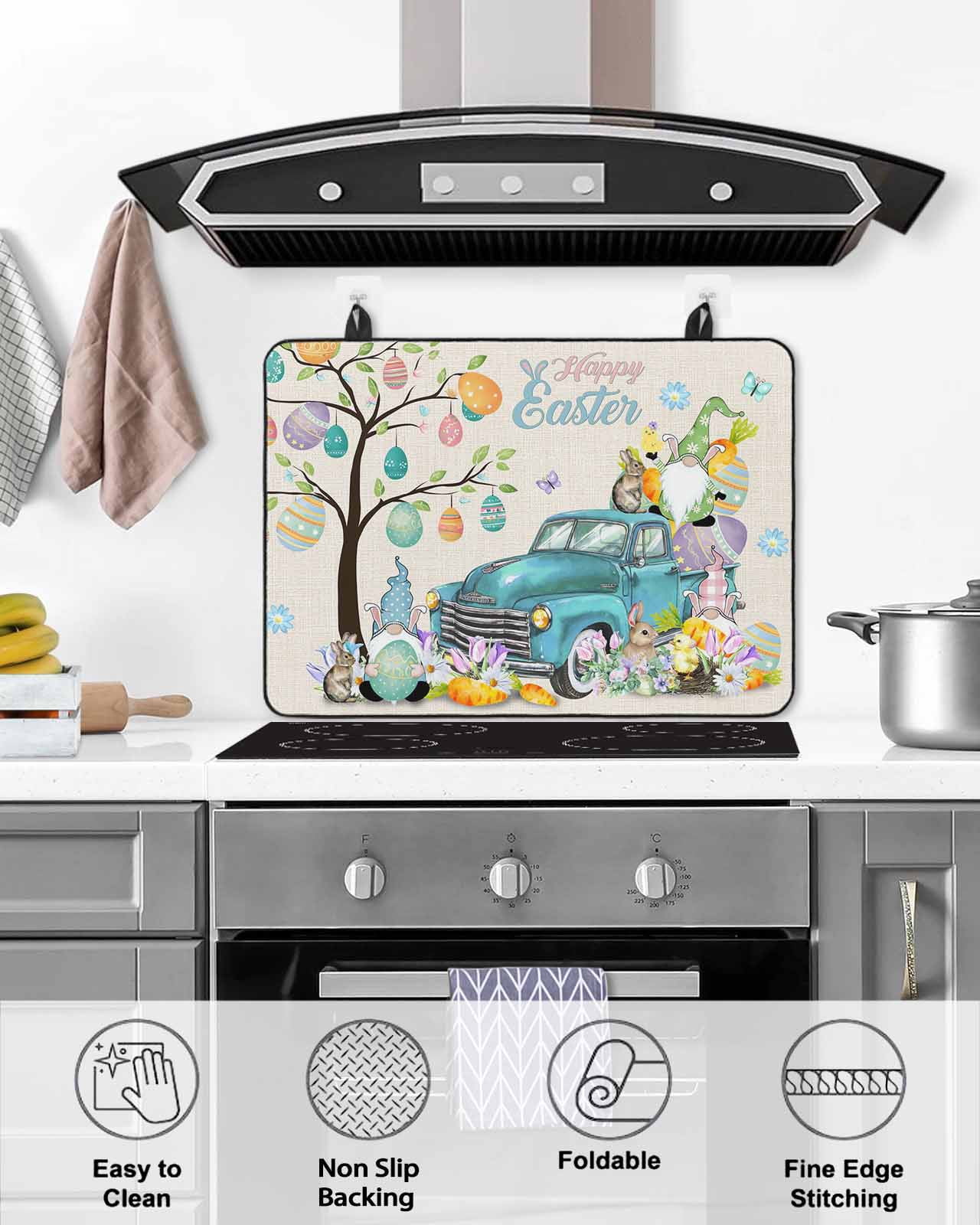 Large Induction Cooktop Protector Mat Easter Stove Top Covers for Electric Stove, Turquoise Truck Colorful Eggs Tree Gnomes Rabbit Decorative Stove Burner Cover Mats, Glass Top Stove Cover