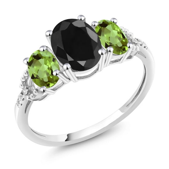 Gem Stone King 10K White Gold Black Sapphire Green Peridot and Diamond Accent 3-Stone Engagement Ring for Women | 2.71 Cttw | Three Stone Wedding Engagement Anniversary Promise Ring | Size 8