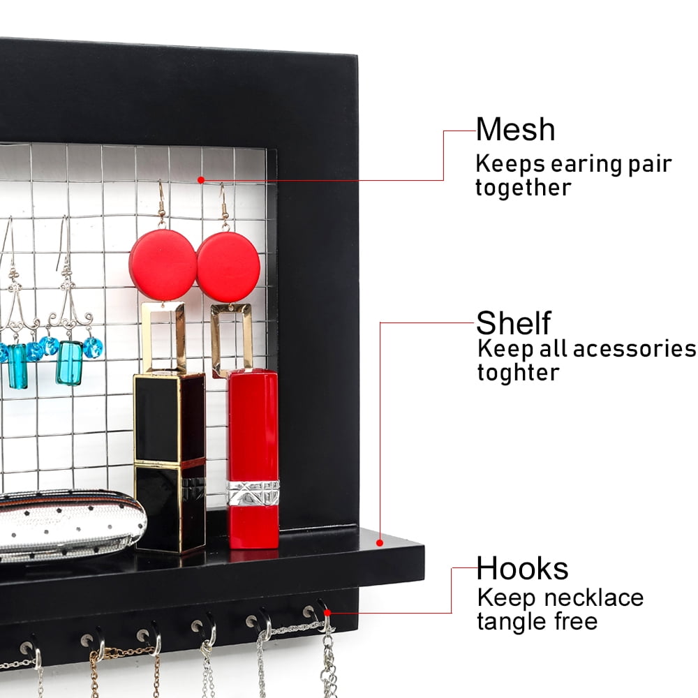 Wall Mounted Jewelry Organizer, Rustic Jewelry Holder for Necklaces, Earrings, Black