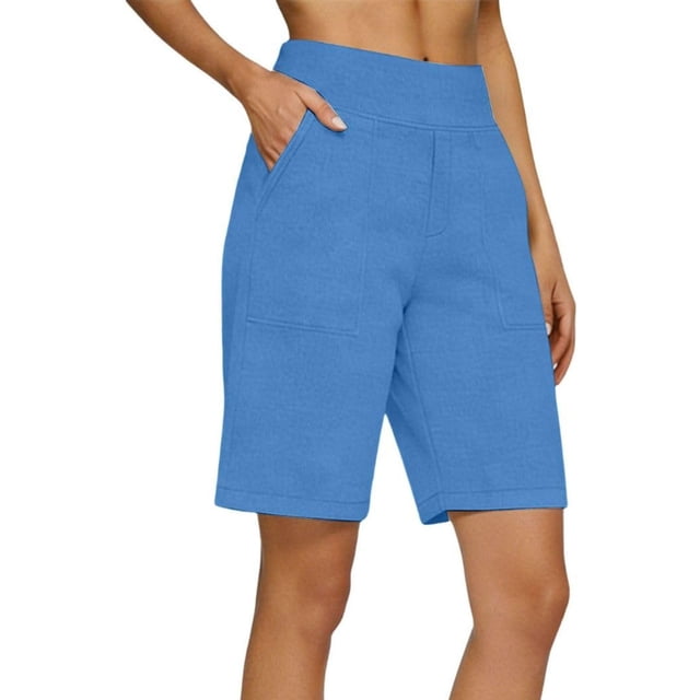 FAIWAD Short en Lin pour Femmes Taille Haute Longueur Genou Short d'Été Décontracté Jambe Droite à Enfiler