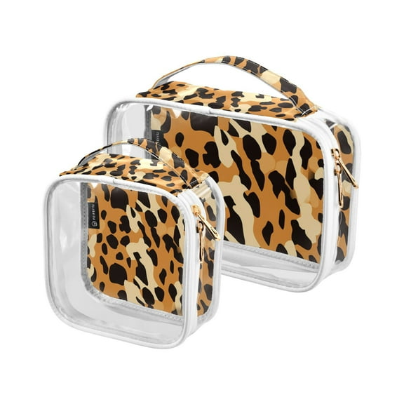 Leopard Print Clear Cosmetic Bags with Handles PVC Toiletry Bags Zipper Waterproof Portable for Traveling 2 Pcs