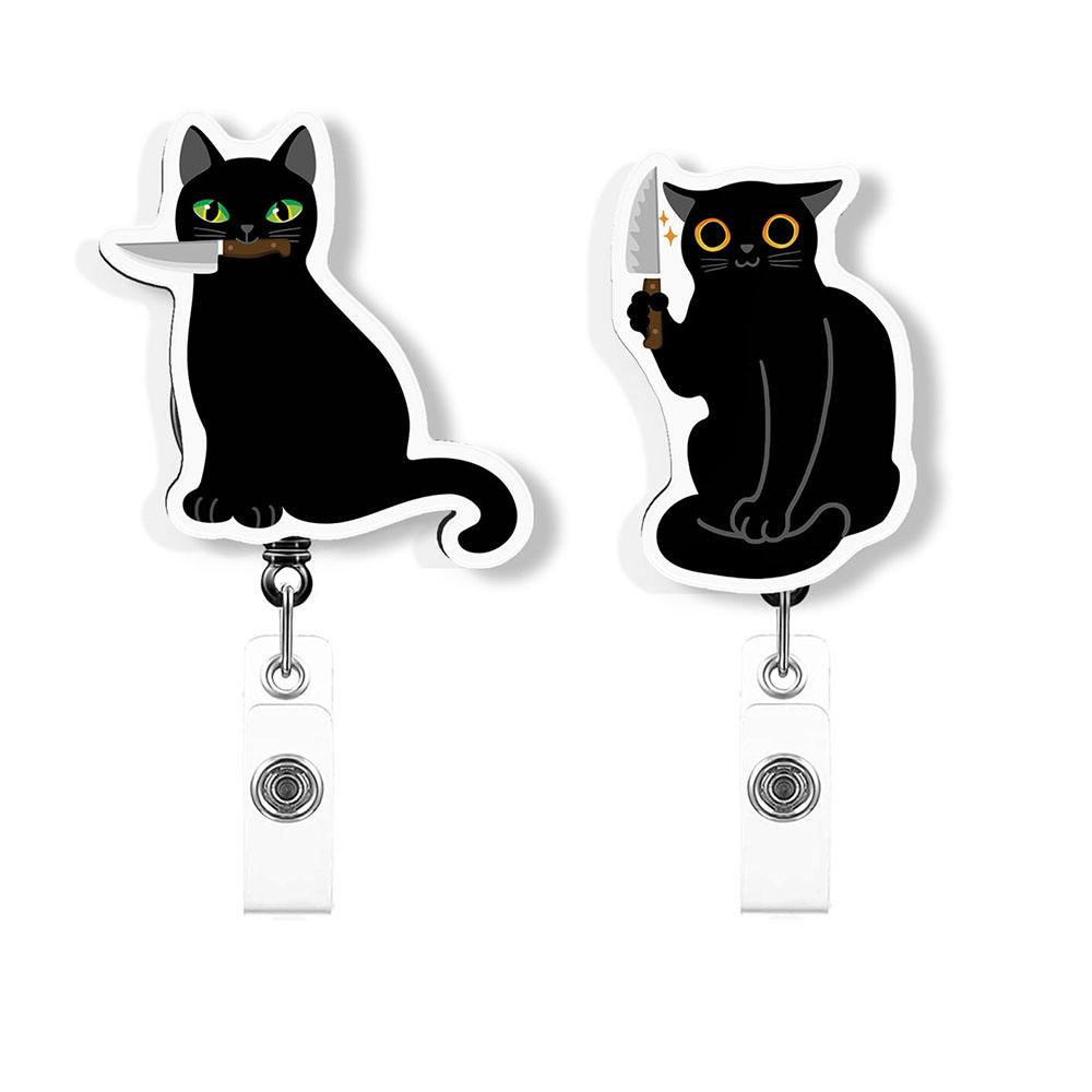 WIRESTER Set 2pcs Design Acrylic Key Card Holder Belt Clip Reel Id Badge Retractable Black Cat